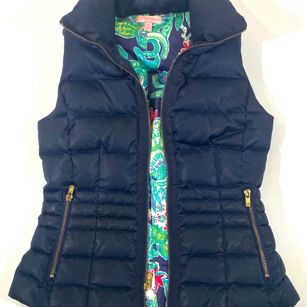Lilly Pulitzer Navy Puffer Vest with Colorful Lining